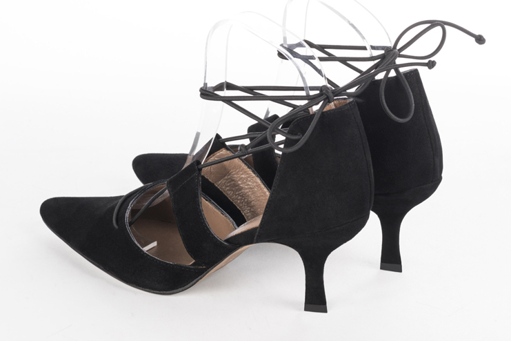 Matt black women's open side shoes, with lace straps. Tapered toe. High spool heels. Rear view - Florence KOOIJMAN